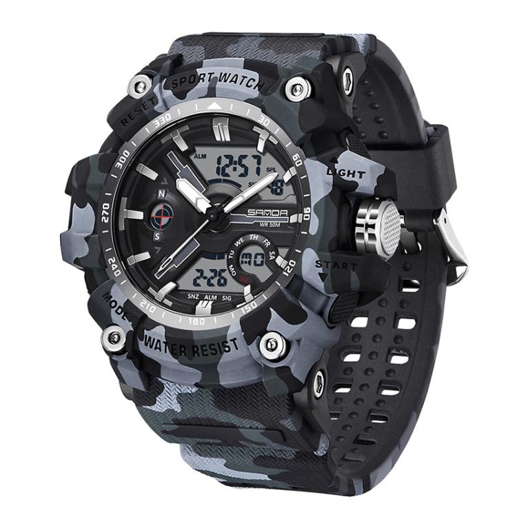 SANDA 3355 Camouflage Multifunction Watch Alarm Clock Waterproof Electronic Watch, Color: Black White