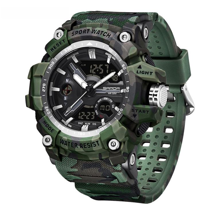 SANDA 3355 Camouflage Multifunction Watch Alarm Clock Waterproof Electronic Watch, Color: Green Black