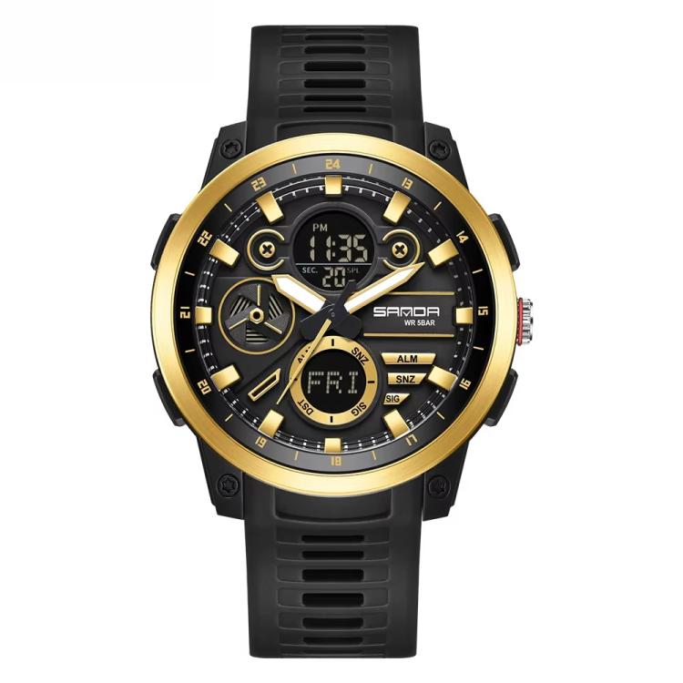 SANDA 3379 Sport Waterproof Alarm Clock Reminder Electronic Watch(Black Gold)
