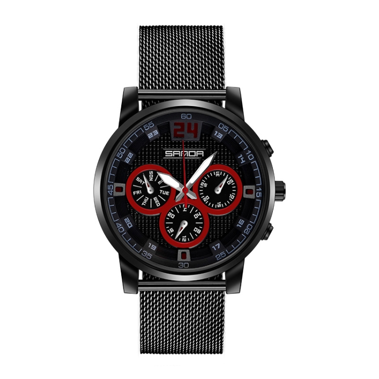 SANDA 5009 Business Fashion Three Eye Six Needle Casual Leather Waterproof Men Quartz Watch(Black Mesh Belt)