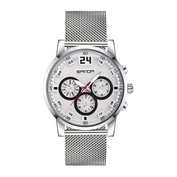 SANDA 5009 Business Fashion Three Eye Six Needle Casual Leather Waterproof Men Quartz Watch(Silver Webbing)