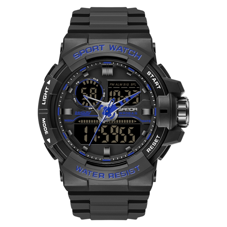 SANDA 6025 Dual Time Digital Display Luminous Calendar Waterproof Multifunctional Men Sports Quartz Watch(Black Blue)