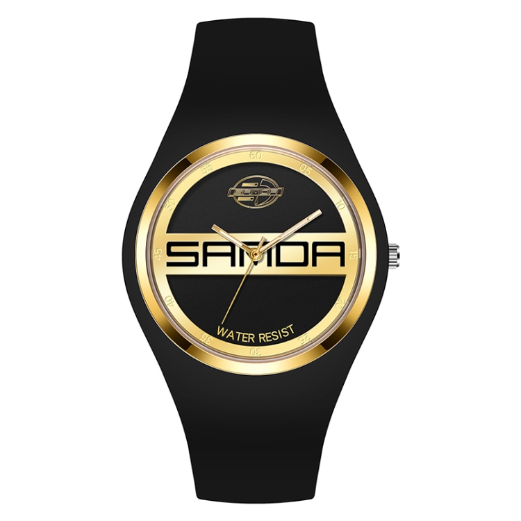 SANDA 6077 Simple Icon Round Dial Ladies Silicone Strap Quartz Watch(Black Gold Dual Mark)