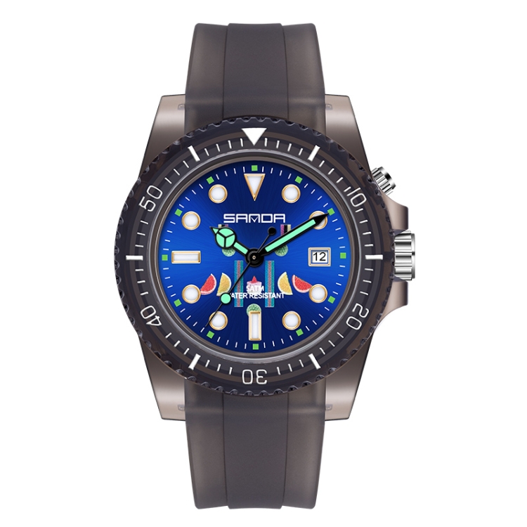 SANDA 6078 Fluorescent Calendar Dial Transparent Strap Quartz Watch for Women(Transparent Black Belt Blue Surface)