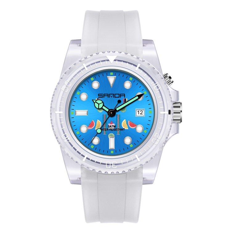 SANDA 6078 Fluorescent Calendar Dial Transparent Strap Quartz Watch for Women(Transparent White Belt Blue Surface)