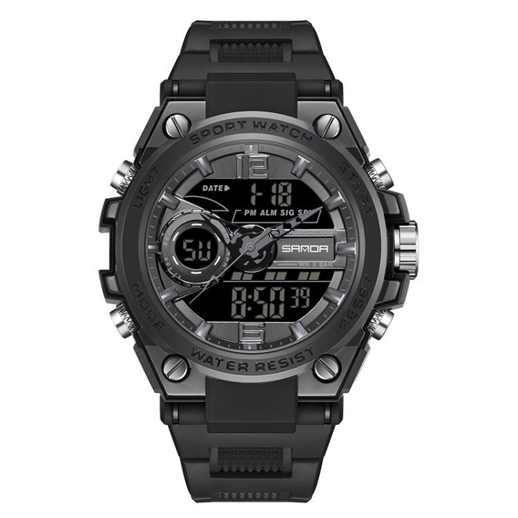 SANDA 6092 Luminous Dual Time Display Waterproof Sports Watch(Black)