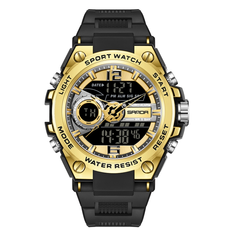 SANDA 6092 Luminous Dual Time Display Waterproof Sports Watch(Black Gold)