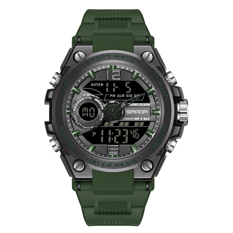 SANDA 6092 Luminous Dual Time Display Waterproof Sports Watch(Black Green)