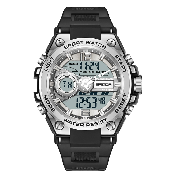 SANDA 6092 Luminous Dual Time Display Waterproof Sports Watch(Black Silver)