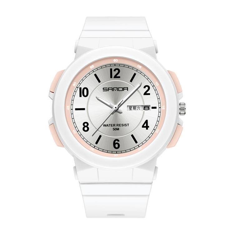 SANDA 6097 TPU Strap Dual Calendar Waterproof Electronic Watch(White Pink)