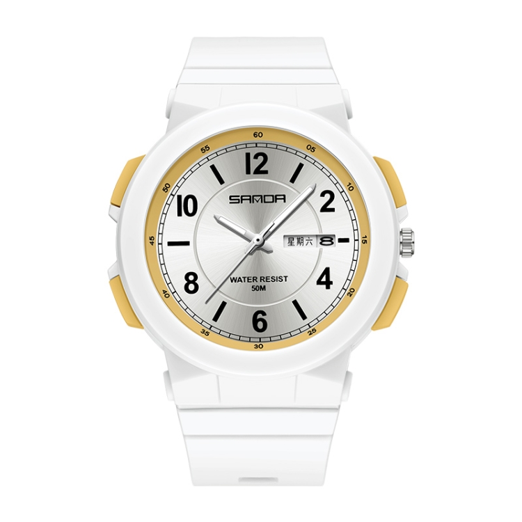 SANDA 6097 TPU Strap Dual Calendar Waterproof Electronic Watch(White Yellow)