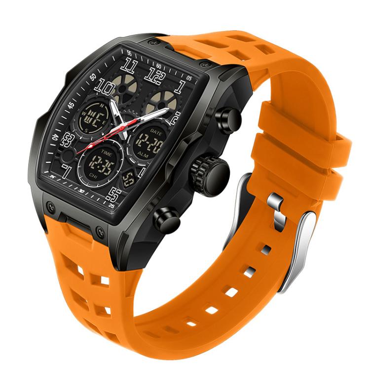 SANDA 6266 Tonneau Curved Mirror Electronic Watch Alarm Clock Chronograph Waterproof Sports Watch, Color: Black Orange
