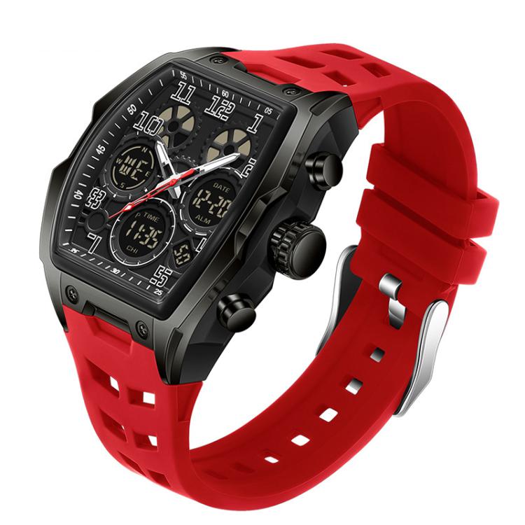 SANDA 6266 Tonneau Curved Mirror Electronic Watch Alarm Clock Chronograph Waterproof Sports Watch, Color: Black Red