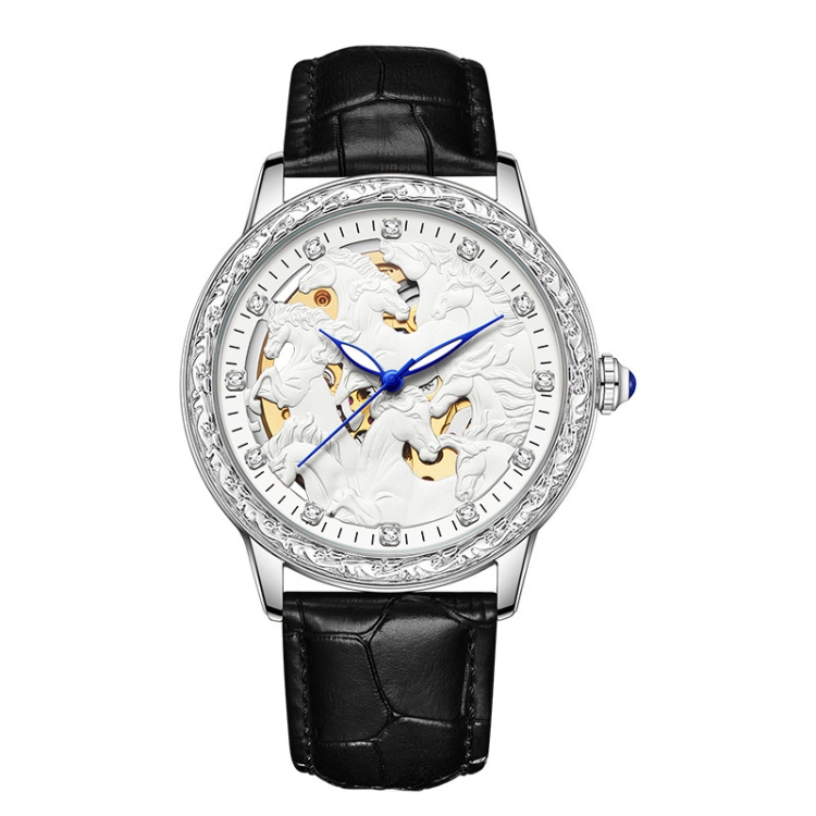 SANDA 7011 Leather Strap Luminous Waterproof Mechanical Watch(Black Silver)