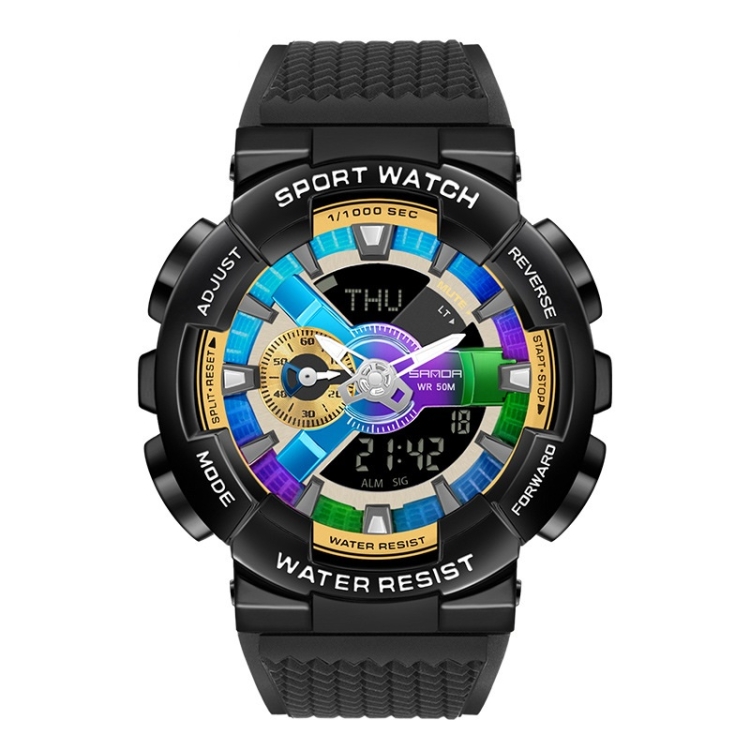 SANDA 9004 Men Symphony Dual Display Synchronous Outdoor Luminous Electronic Multifunction Watch(Black)