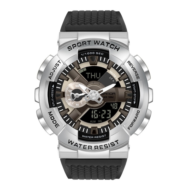 SANDA 9004 Men Symphony Dual Display Synchronous Outdoor Luminous Electronic Multifunction Watch(Black Silver)