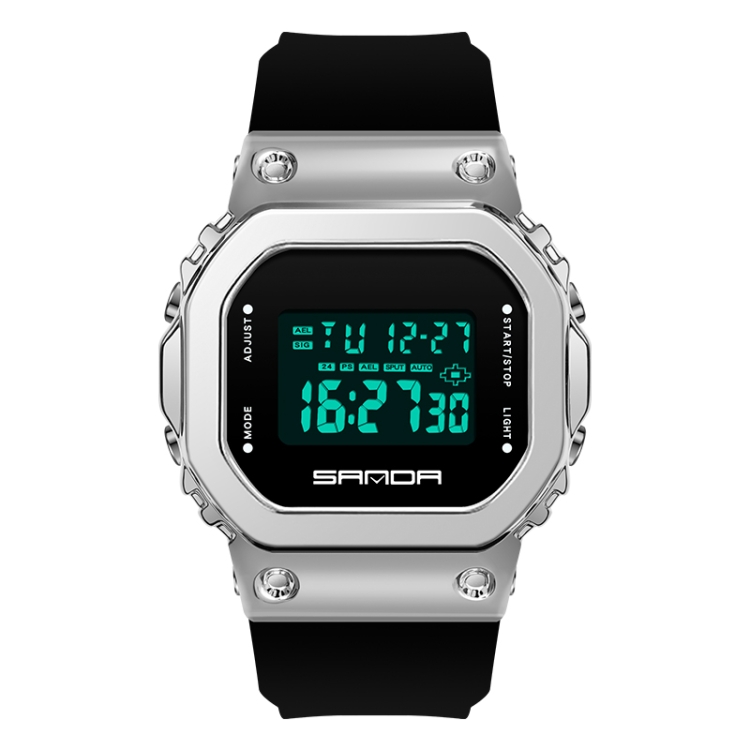 SANDA 9006 Tempered Mirror Luminous Waterproof Dual Display Electronic Watch(Black Silver)