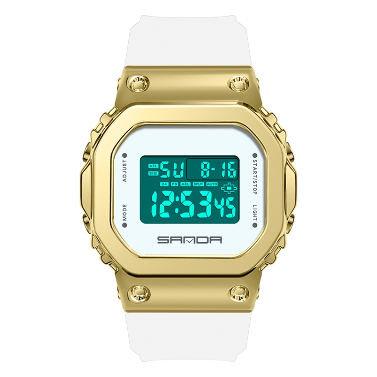 SANDA 9006 Tempered Mirror Luminous Waterproof Dual Display Electronic Watch(White Gold)