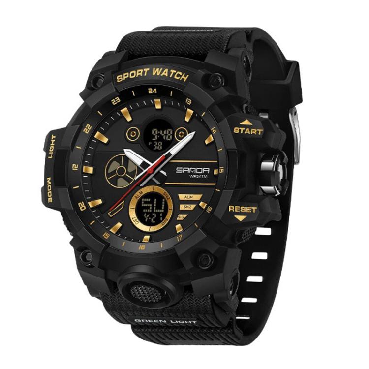 SANDA 9094 Multifunctional Sports 5ATM Waterproof Luminous Electronic Watch(Black Gold)