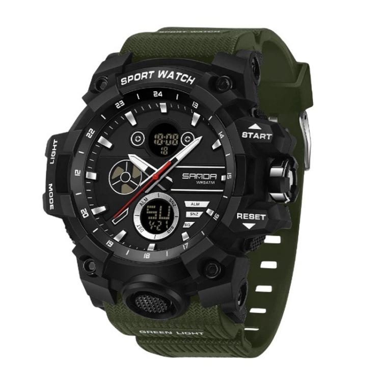SANDA 9094 Multifunctional Sports 5ATM Waterproof Luminous Electronic Watch(Black Green)