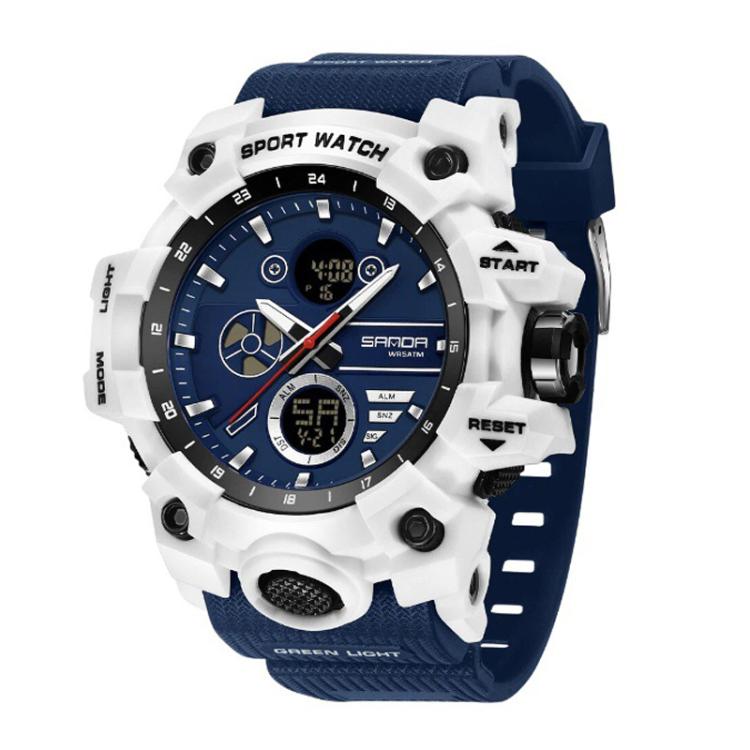 SANDA 9094 Multifunctional Sports 5ATM Waterproof Luminous Electronic Watch(White Blue)