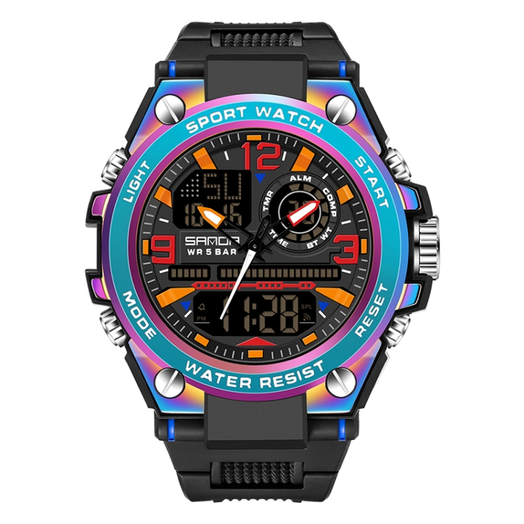 SANDA Dual Digital Display Luminous Stopwatch Chronograph Alarm Clock Men Quartz Sports Watch(6024 Symphony Blue)