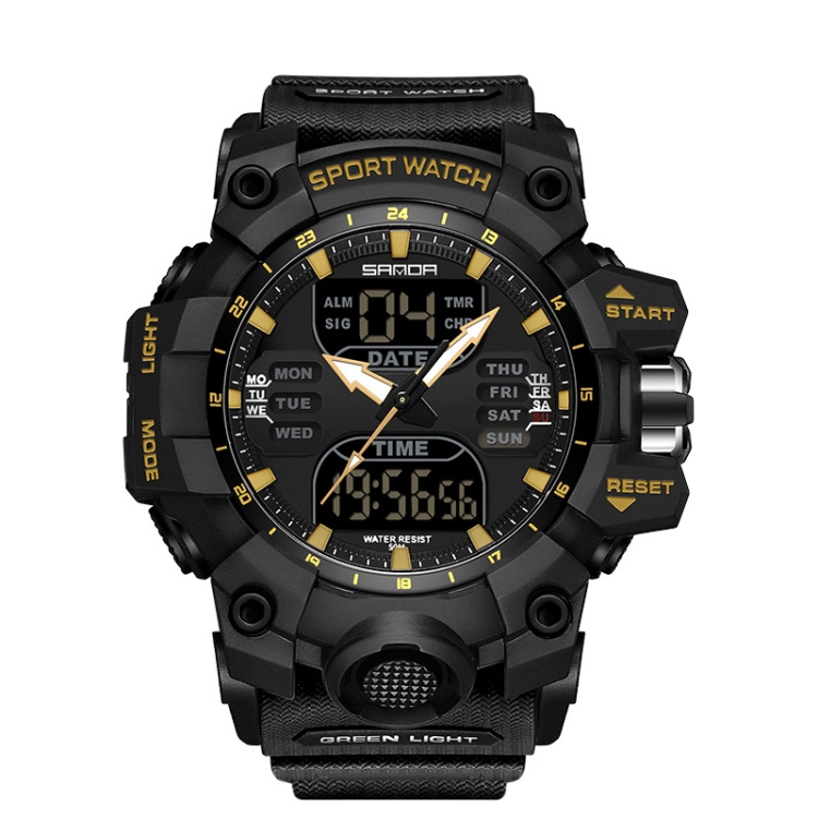 SANDA Green Light Alarm Clock Multifunctional Waterproof Shockproof Transparent Watch(Black Gold)