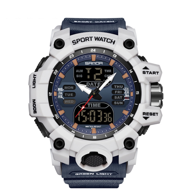 SANDA Green Light Alarm Clock Multifunctional Waterproof Shockproof Transparent Watch(White Blue)