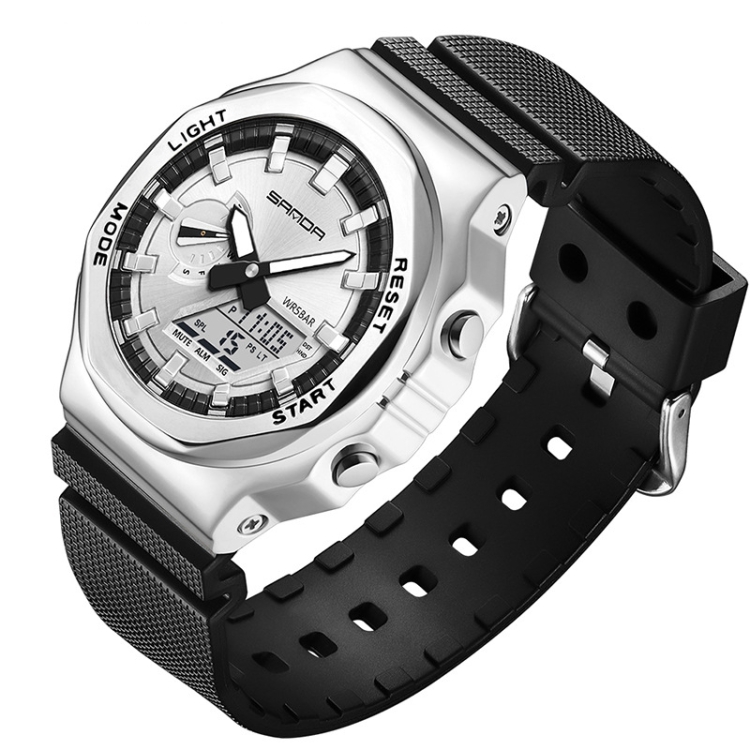SANDA Octagonal Oak Hand Lamp Waterproof Sports Alarm Clock Men Watch(Black Silver)
