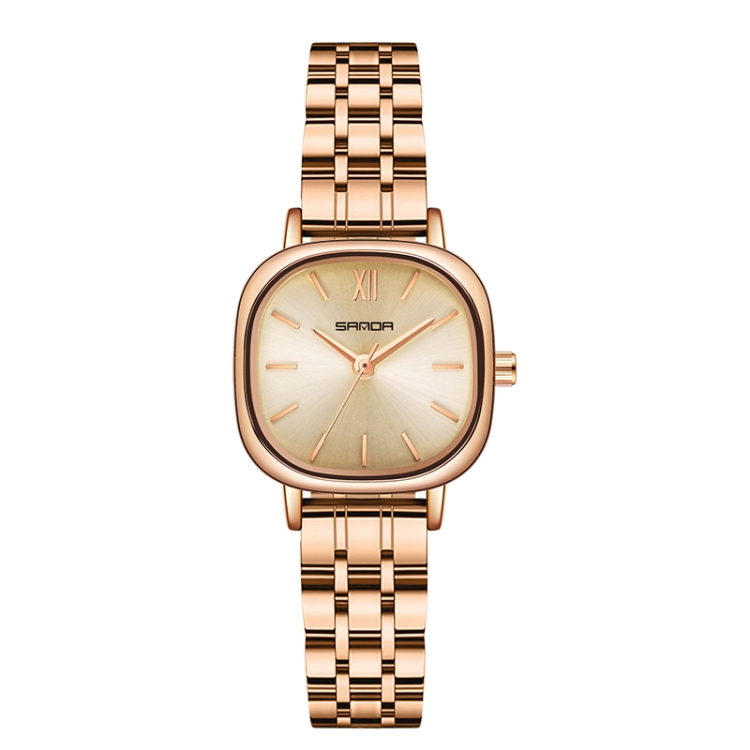 SANDA P1098 Simple Bar Scale Oval Dial Quartz Watch for Women(Steel Belt Rose Gold)