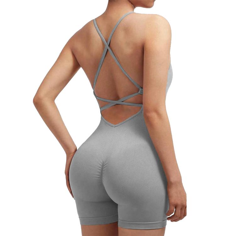 Seamless Sexy Criss Cross Backless Cami Yoga Bodysuit Fitness One-Piece Workout Outfit, Size: S(Light Gray)