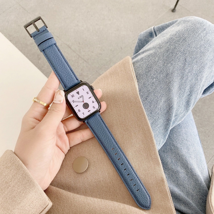 Sewing Thread Lychee Texture Leather Watch Band For Apple Watch Series 9&8&7 41mm / SE 3&SE 2&6&SE&5&4 40mm / 3&2&1 38mm(Blue)