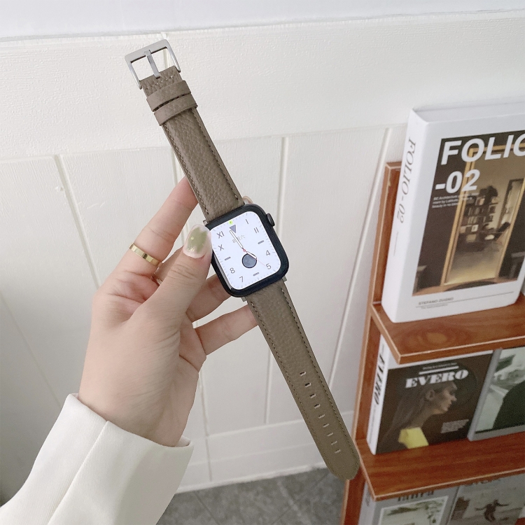 Sewing Thread Lychee Texture Leather Watch Band For Apple Watch Series 9&8&7 41mm / SE 3&SE 2&6&SE&5&4 40mm / 3&2&1 38mm(Coffee)