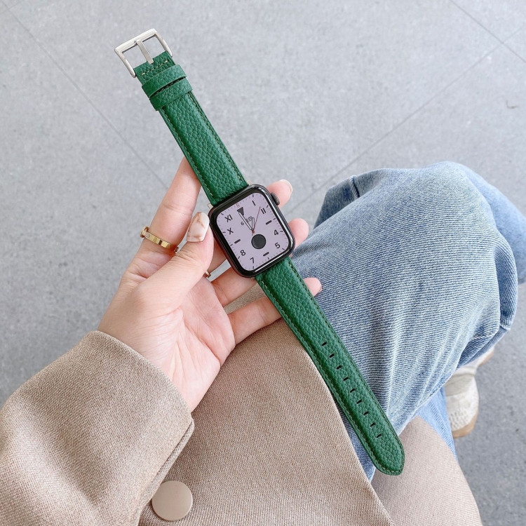 Sewing Thread Lychee Texture Leather Watch Band For Apple Watch Series 9&8&7 41mm / SE 3&SE 2&6&SE&5&4 40mm / 3&2&1 38mm(Green)