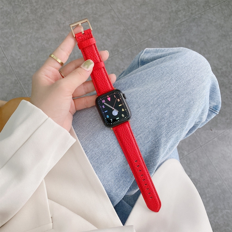 Sewing Thread Lychee Texture Leather Watch Band For Apple Watch Series 9&8&7 41mm / SE 3&SE 2&6&SE&5&4 40mm / 3&2&1 38mm(Red)