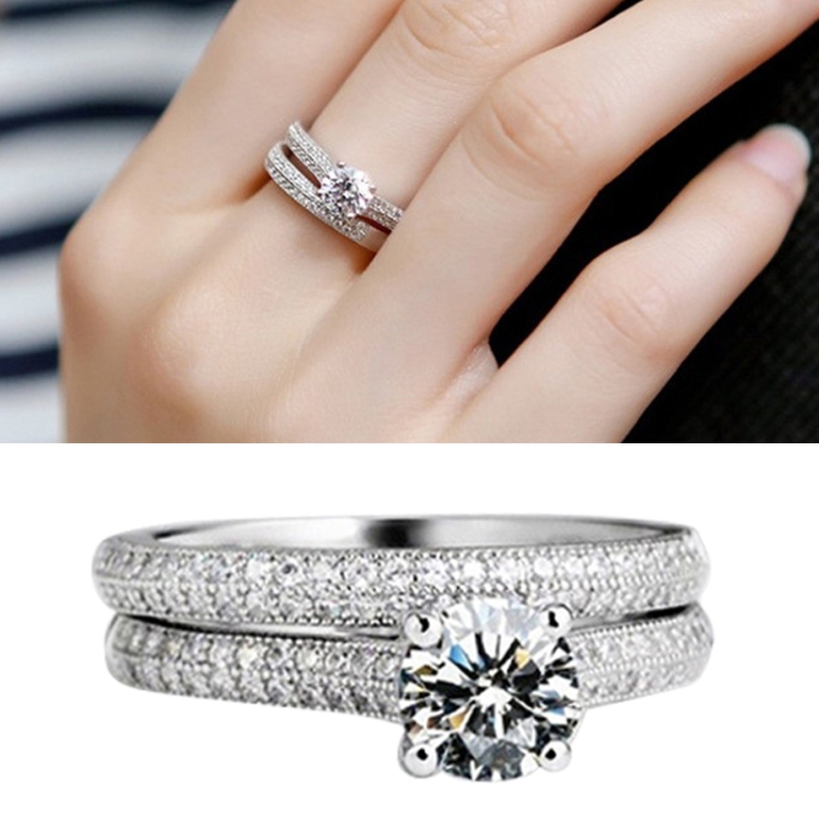 Silver Double Zircon Wedding Rings Set, Ring Size:9