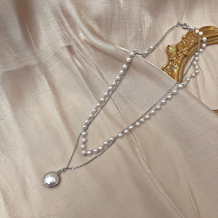 Simple Beaded Double-Layer Pearl Pendant Necklace(Silver)