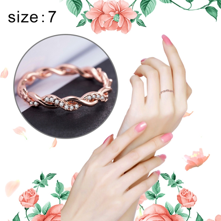 Simple Stylish Ladies Full Rhinestone Twist Modelling Ring(Rose Gold US Size:7)