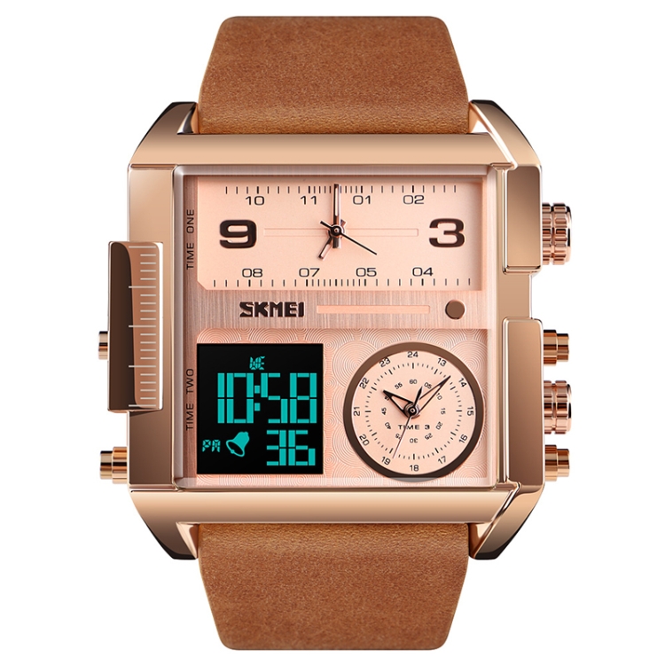 SKMEI 1391 Multifunctional Men Business Digital Watch 30m Waterproof Square Dial Wrist Watch with Leather Watchband(Brown)