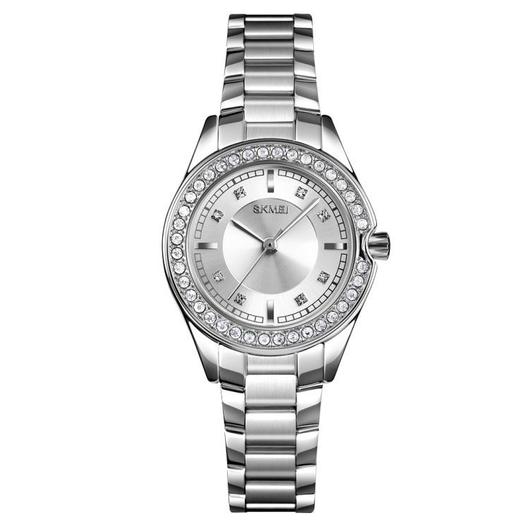 SKMEI 1534 elegant waterproof quartz steel band watch with diamond inlay(Silver)