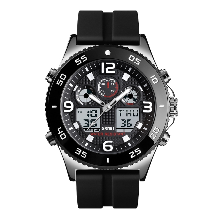 SKMEI 1538 Multi-Function Time Large Dial Steel Belt Men  Casual Sports Electronic Watch(Silver-Silicone Belt)