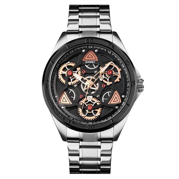 SKMEI 1678 Men Waterproof Quartz Watch with Rotatable Gear Dial(Silver Shell Black Surface)