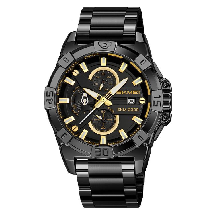 SKMEI 2399 Three-eye Six-pin Steel Band Quartz Watch Men Business Casual Watch(Black Gold)