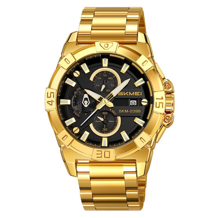 SKMEI 2399 Three-eye Six-pin Steel Band Quartz Watch Men Business Casual Watch(Gold)