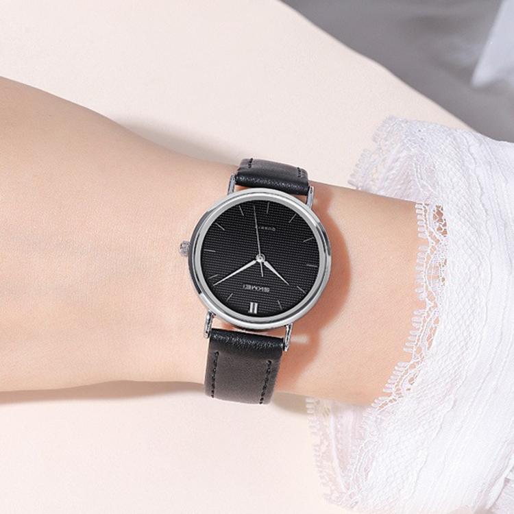 SKMEI 2568 Simple Leather Strap Women Watch 30m Water-Resistant Quartz Watch(Silver Case Black Dial)
