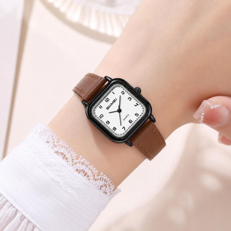SKMEI 2579 Square Ladies Quartz Watch Leather Strap Watch(Black Case Brown Strap)