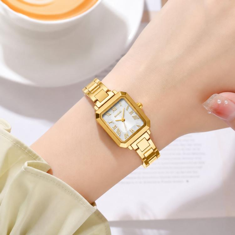 SKMEI 2582 Elegant Ladies Square Watch Stainless Steel Strap 30m Life Waterproof Quartz Watch(Gold Case Silver Dial)