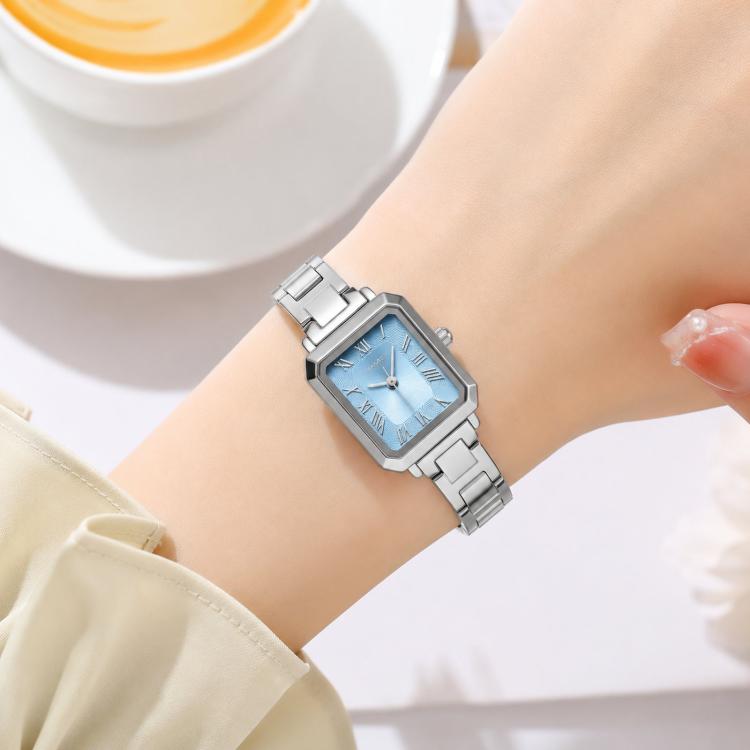 SKMEI 2582 Elegant Ladies Square Watch Stainless Steel Strap 30m Life Waterproof Quartz Watch(Silver Case Blue Dial)