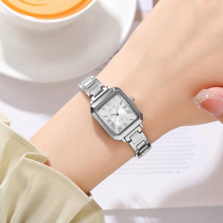 SKMEI 2582 Elegant Ladies Square Watch Stainless Steel Strap 30m Life Waterproof Quartz Watch(Silver Case Silver Dial)