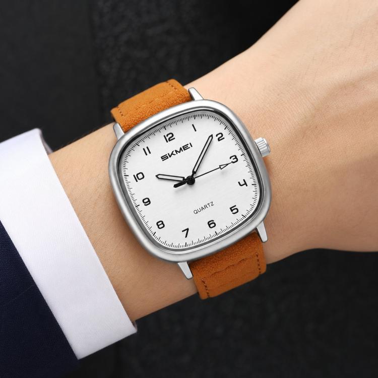 SKMEI 2586 Men Square Quartz Watch Retro Minimalist Leather Strap Timepiece(Gold Case Brown Strap)